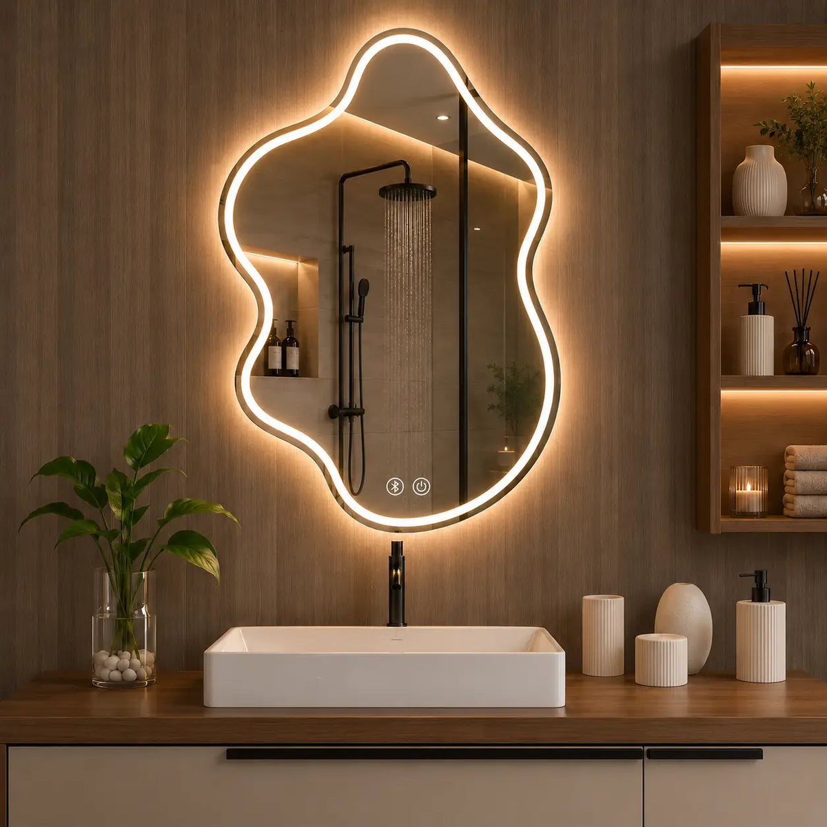 Organic wall mirror with LED illumination installed above a modern bathroom vanity in a contemporary interior.