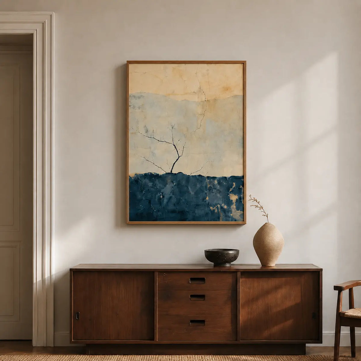 Premium Wall Decor Frame featuring abstract landscape artwork with minimalist tree design for modern living room interiors.
