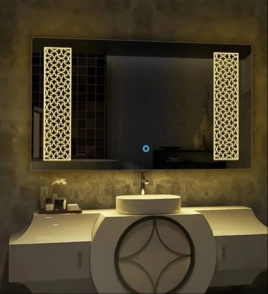 rectangular decorative led mirror with illuminated side panels above modern vanity sink