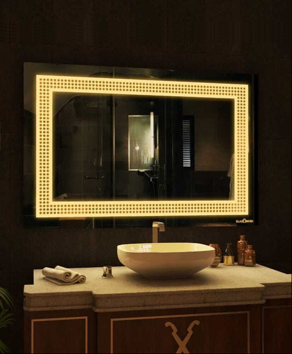 rectangular led mirror for vanity with decorative illuminated border above sink