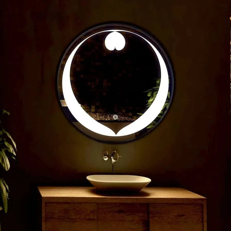 round bathroom mirror with led light mounted above vanity sink