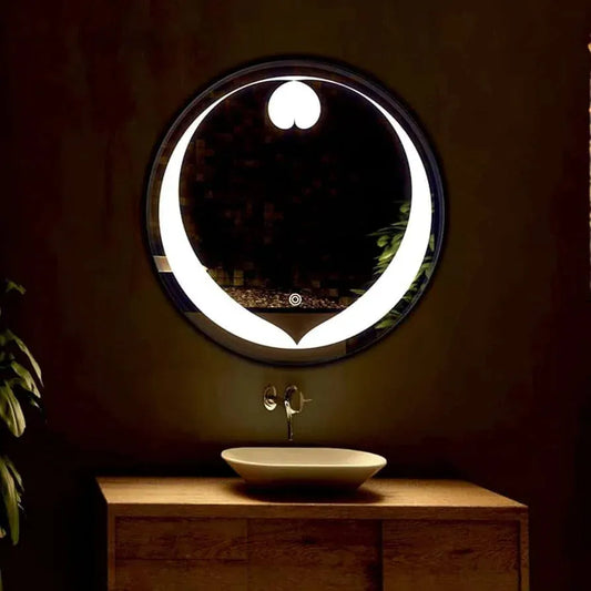 round bathroom mirror with led light mounted above vanity sink