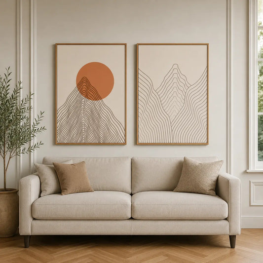 Set of 2 Abstract Wall Art featuring minimal line landscape artwork with warm terracotta accents for modern living room interiors.