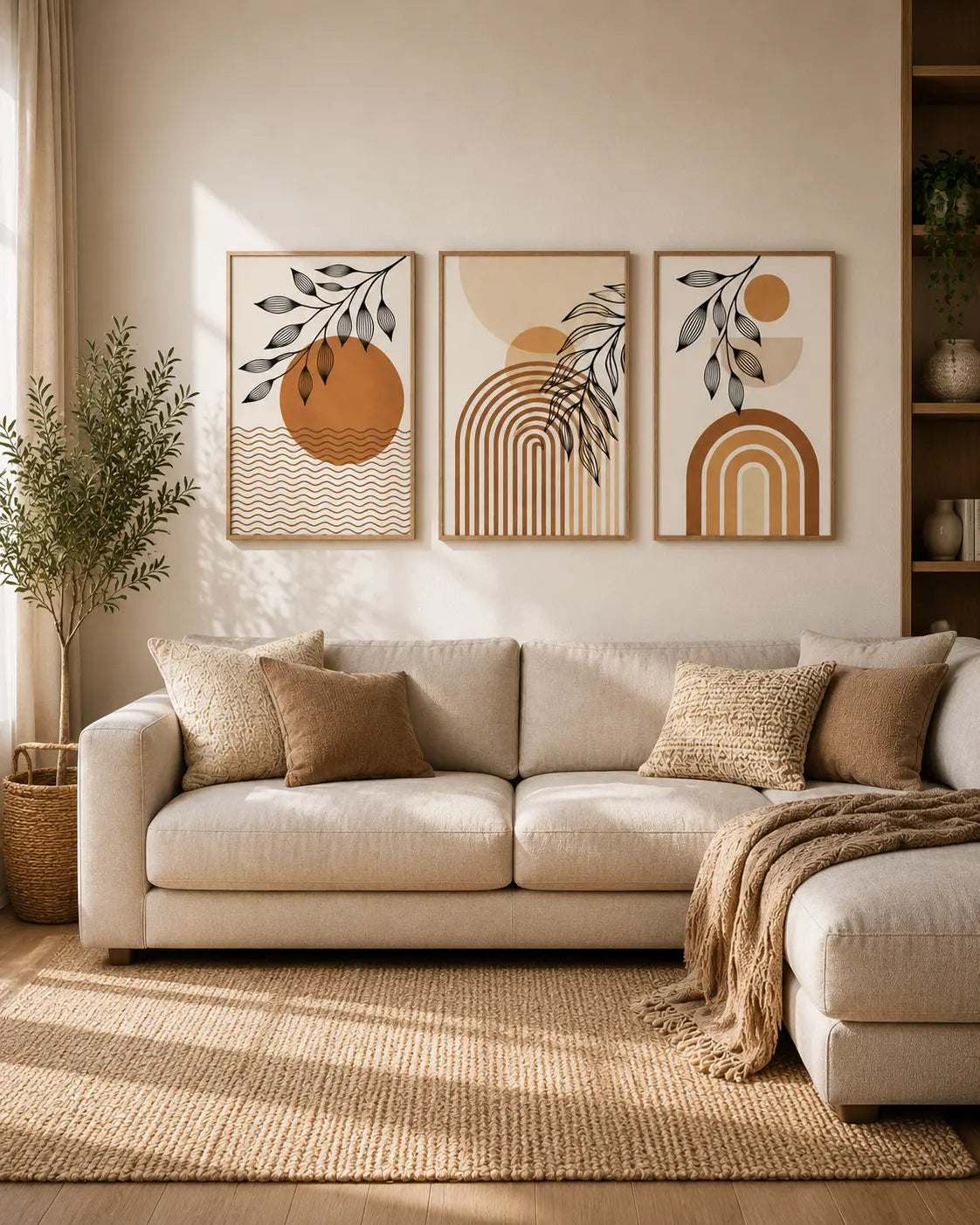 Set of 3 wall art for bedroom with botanical framed artwork above a modern bed