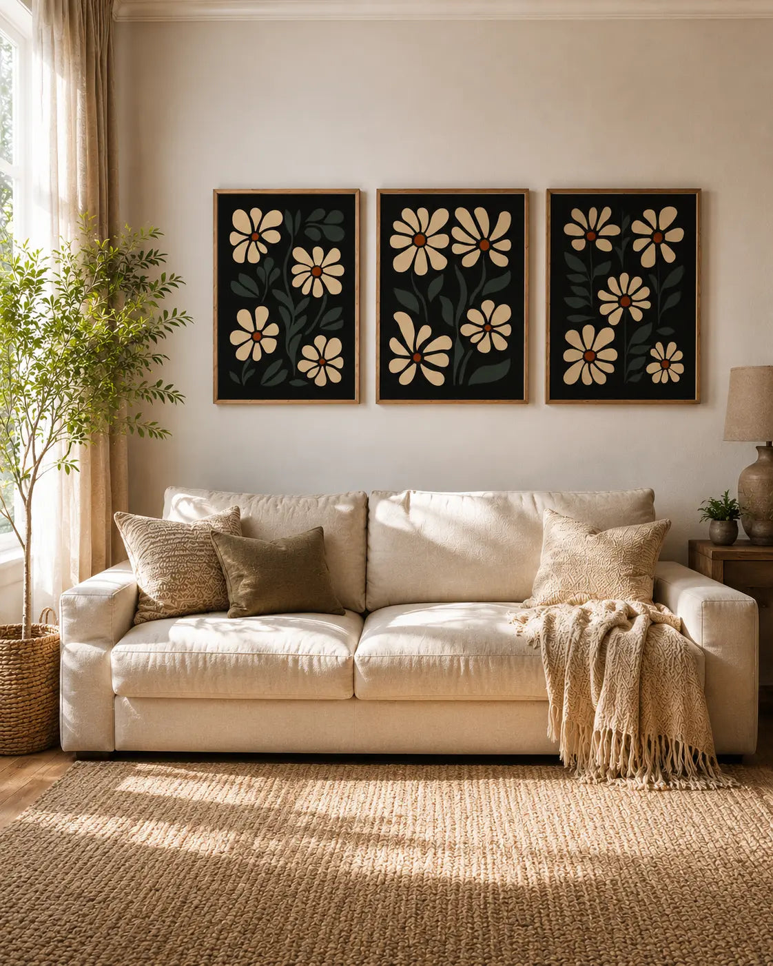 Set of 3 wall art for living room featuring framed botanical floral artwork above a sofa