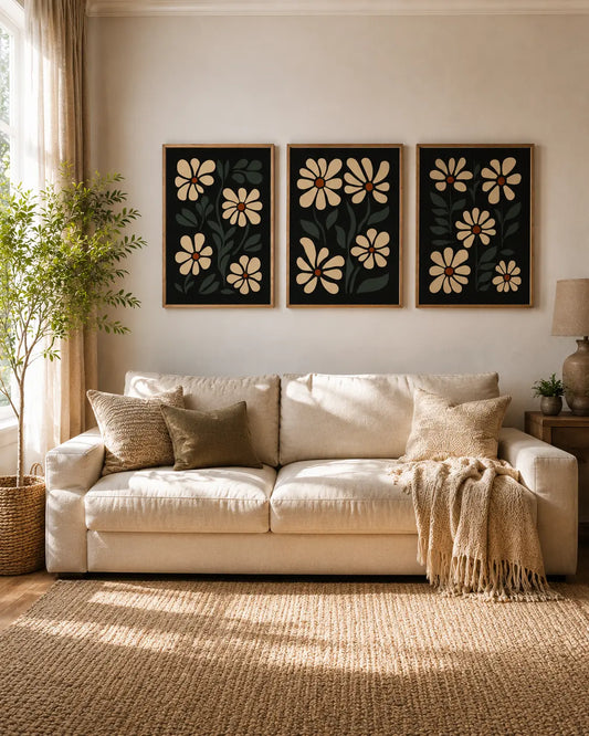 Set of 3 wall art for living room featuring framed botanical floral artwork above a sofa