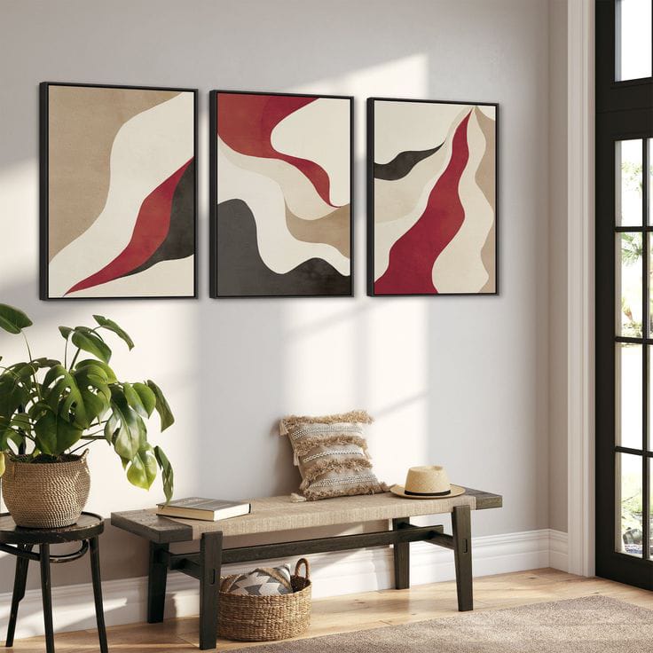 set of 3 abstract canvas prints with black beige and red artwork