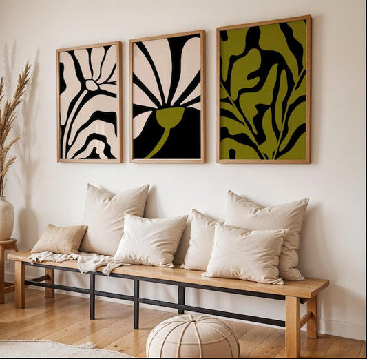 set of 3 botanical wall frames with black cream and olive abstract design