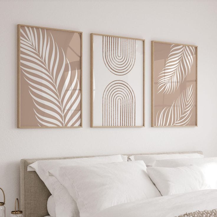 set of 3 neutral bedroom wall frames with botanical and geometric artwork