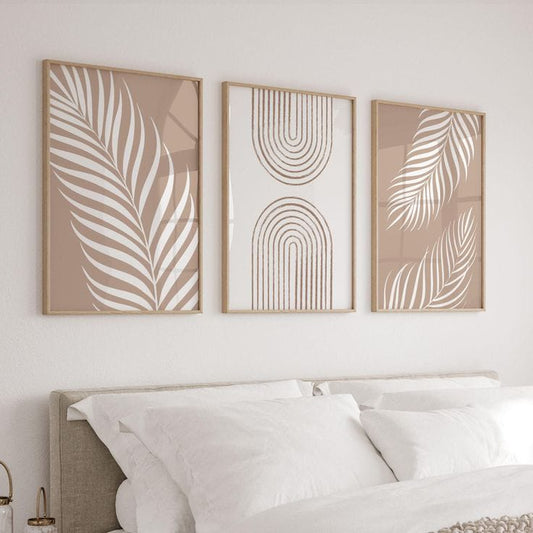 set of 3 neutral bedroom wall frames with botanical and geometric artwork