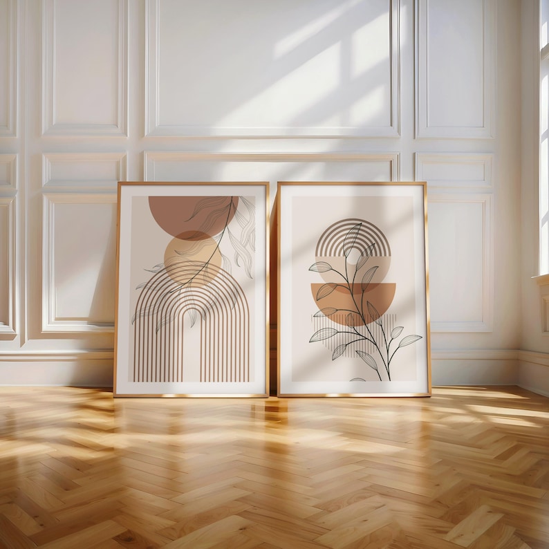 set of two abstract canvas painting frames with neutral modern line artwork