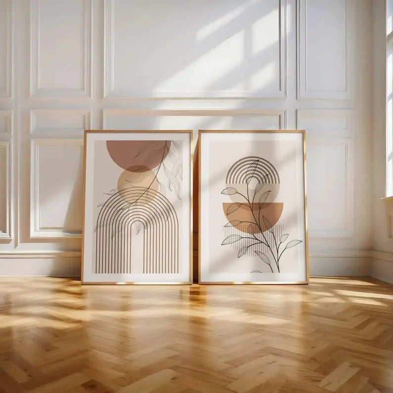 set of two abstract canvas painting frames with neutral modern line artwork