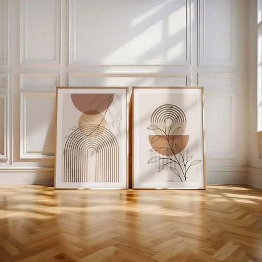 set of two abstract canvas painting frames with neutral modern line artwork