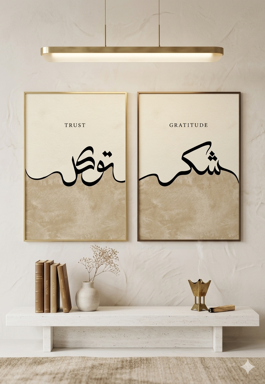 Shukr Tawakkul Islamic Wall Art Set of 2 – Minimalist Arabic Calligraphy Frames