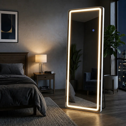 Standing LED mirror with touch sensor for modern bedroom interior