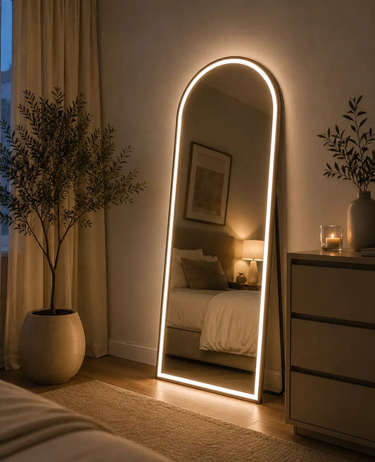 Standing LED mirror with arch design for modern bedroom interior