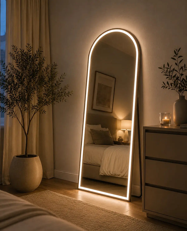 Standing LED mirror with arch design for modern bedroom interior