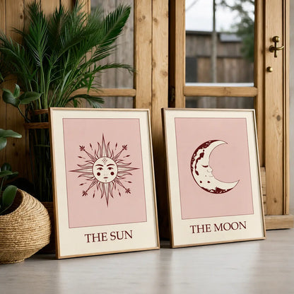 Sun and Moon Wall Art set featuring celestial blush artwork with wooden frames for modern boho interiors in Pakistan