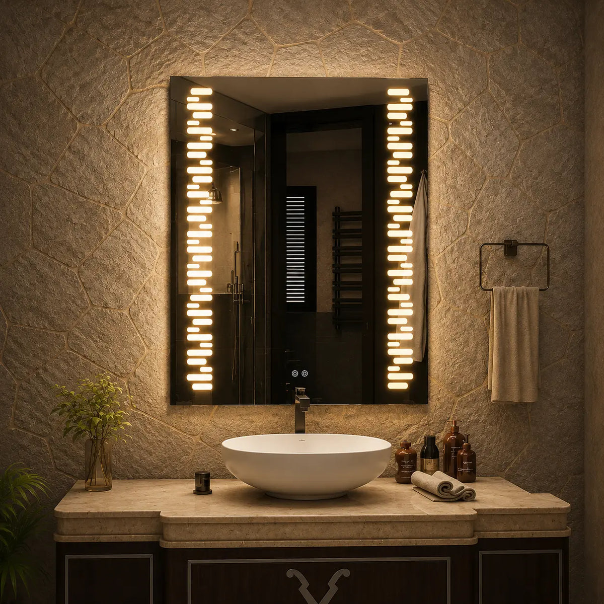 Frameless vanity mirror with rhythm LED design above a modern bathroom vanity