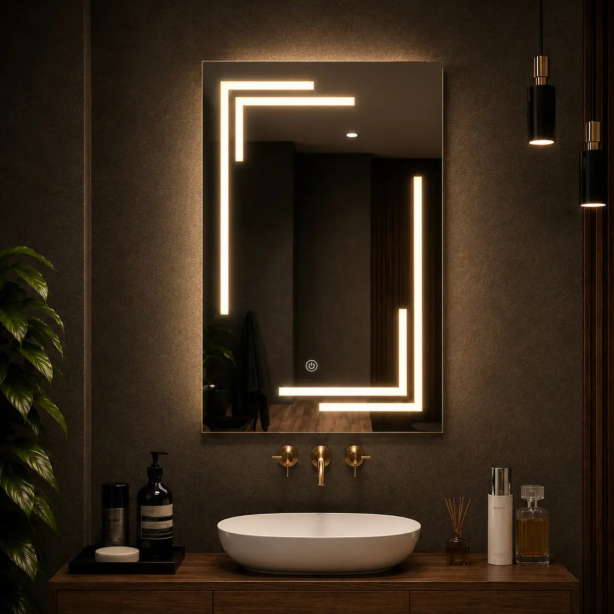 Frameless vanity mirror with modern linear LED design above a contemporary bathroom vanity
