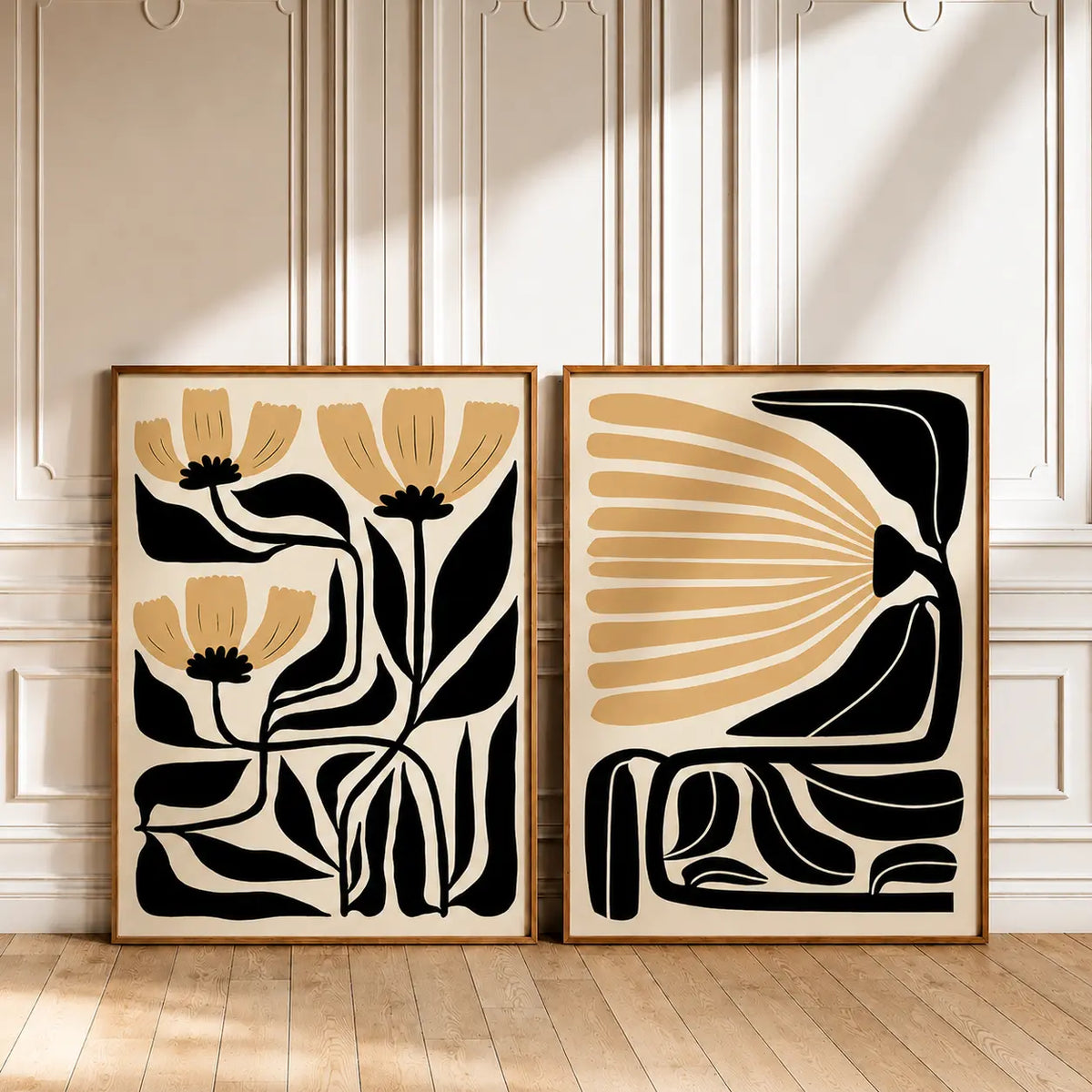 Wall art for dining room set of 2 featuring mustard and black botanical floral prints in wooden frames by Decorsz Pakistan.