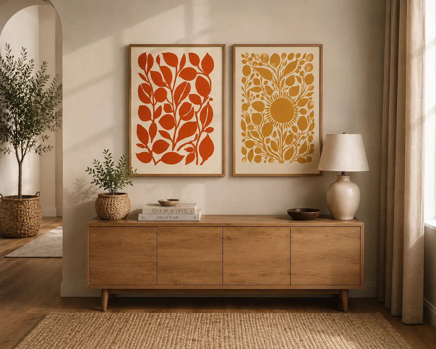 wall art for living room with warm botanical artwork set of two