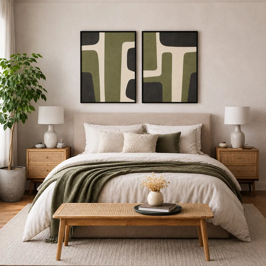 Wall Frames for Bedroom with modern green abstract artwork, premium bed wall frames for contemporary bedroom interiors by Decorsz Pakistan.
