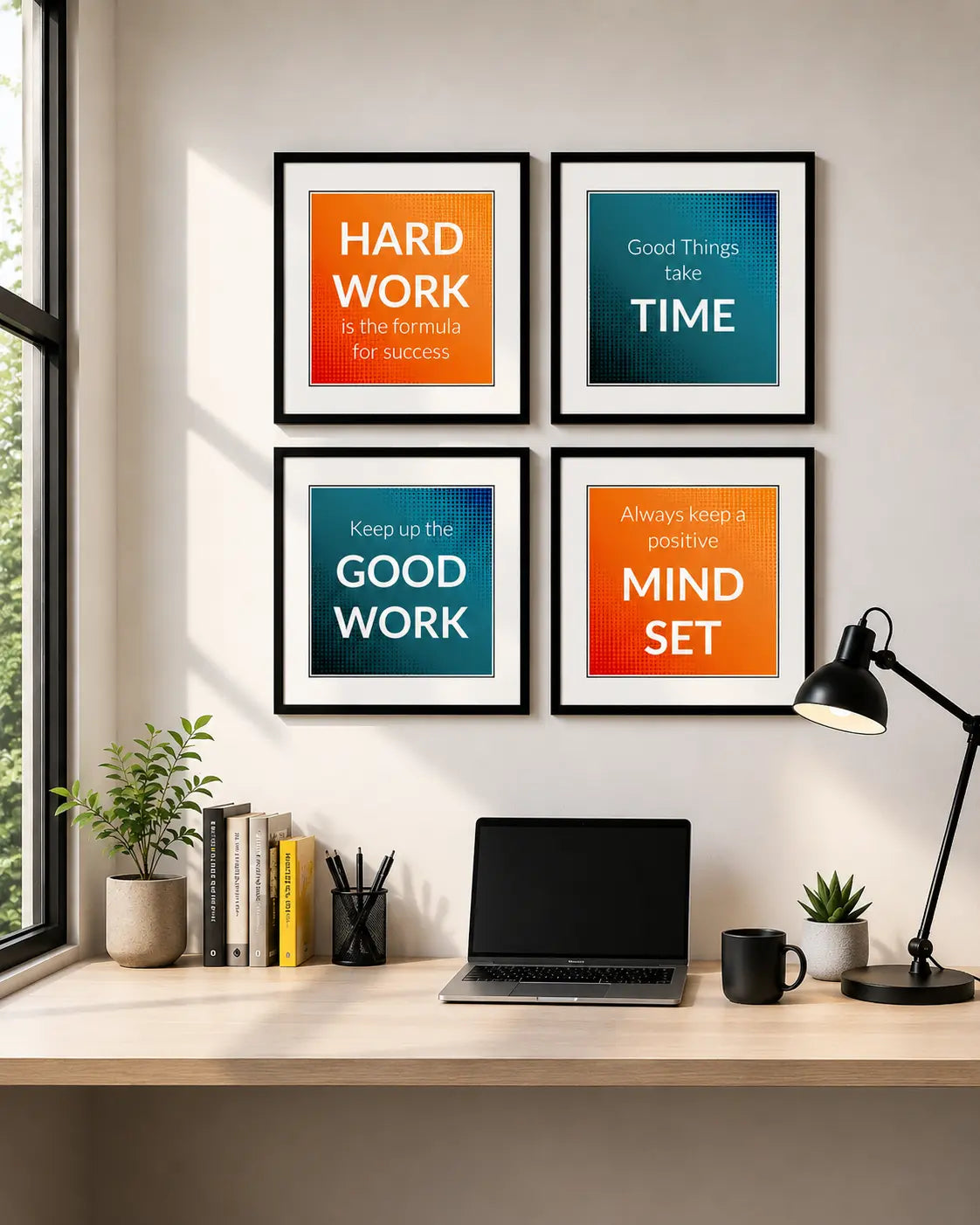 Wall frames for study with motivational quotes in black, orange and blue