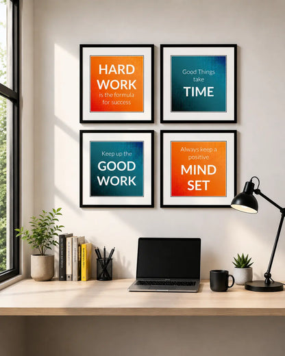 Wall frames for study with motivational quotes in black, orange and blue