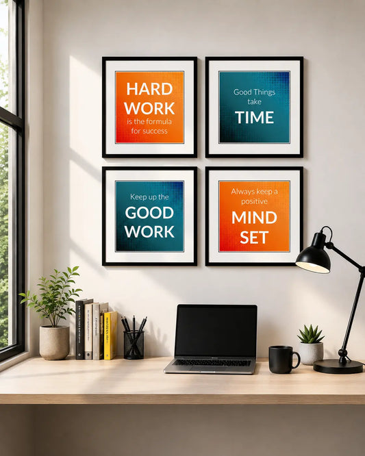 Wall frames for study with motivational quotes in black, orange and blue