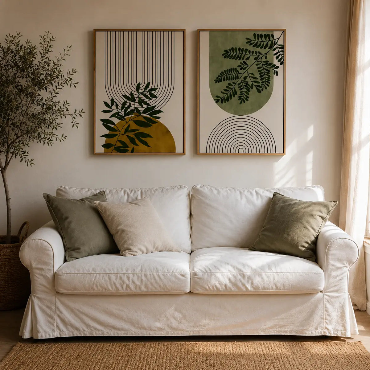 Wall paintings for bedroom featuring a set of 2 botanical leaf frames with geometric lines above a bed by Decorsz Pakistan.