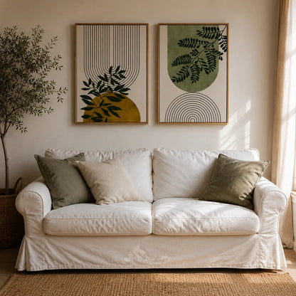 Wall paintings for bedroom featuring a set of 2 botanical leaf frames with geometric lines above a bed by Decorsz Pakistan.