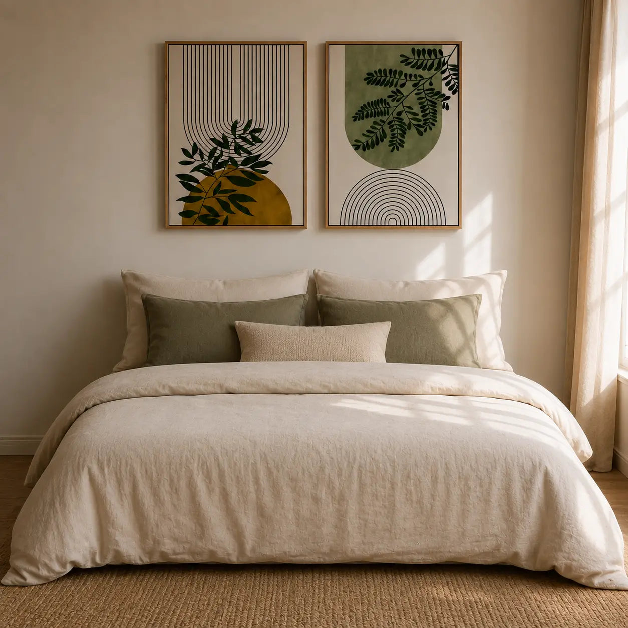 Wall paintings for bedroom featuring two botanical framed artworks above a bed