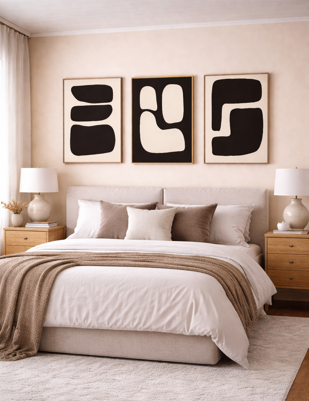 wall art Pakistan with abstract framed panels above modern bedroom wall