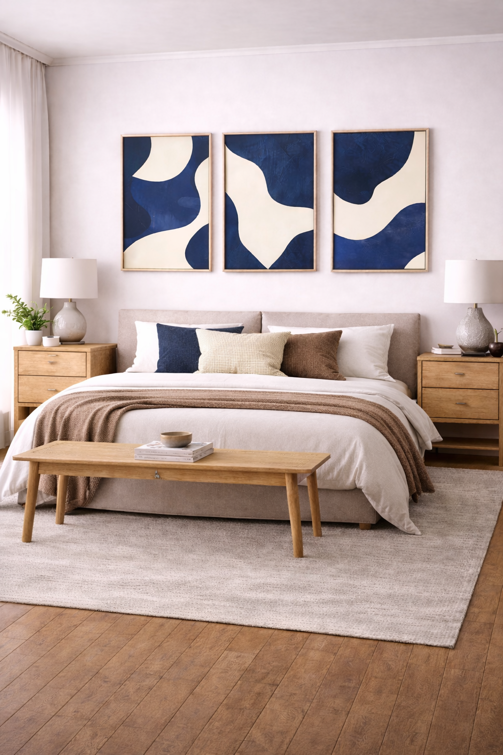 wall decor and hanging with blue abstract framed panels above bedroom wall