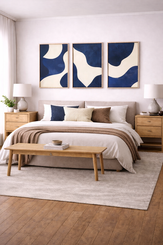 wall decor and hanging with blue abstract framed panels above bedroom wall