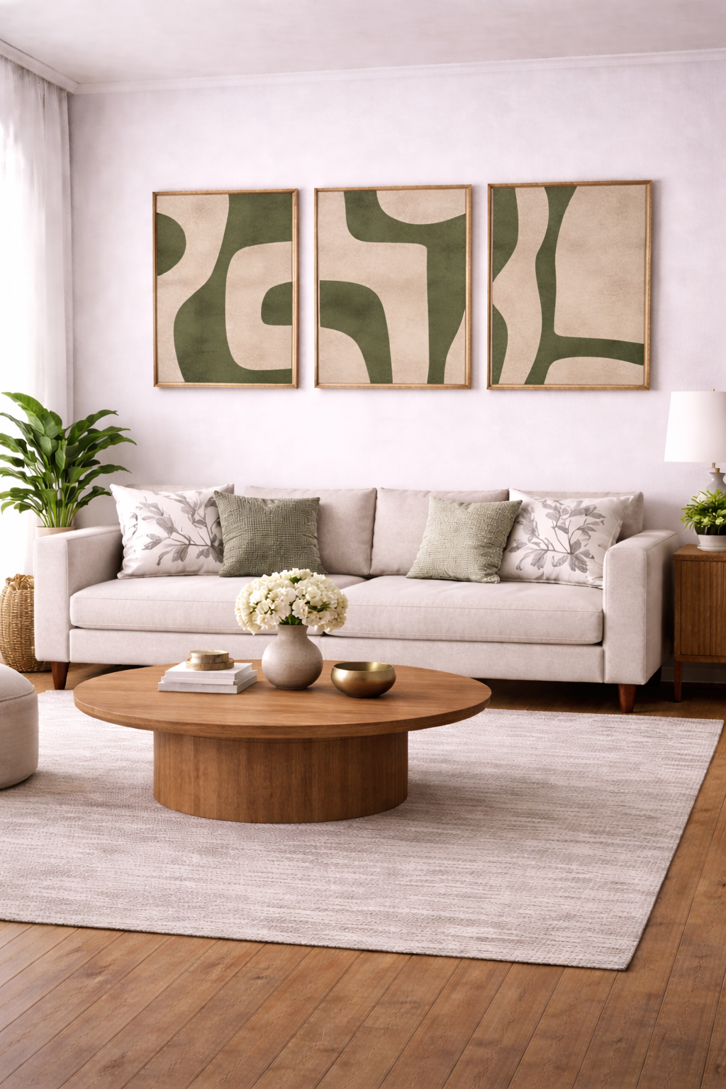 wall decor wood with green abstract framed panels above living room sofa wall