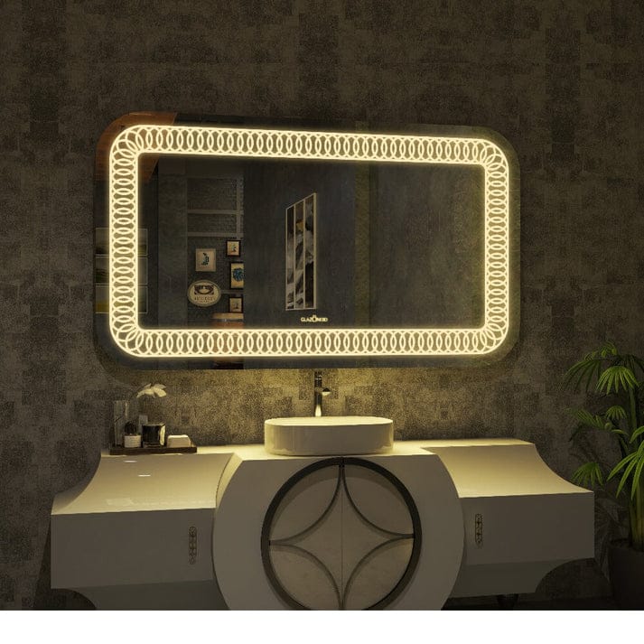 wide decorative led vanity mirror with illuminated frame above luxury sink