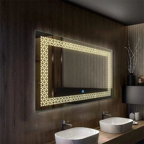 wide decorative led wall mirror for bathroom above double sink vanity