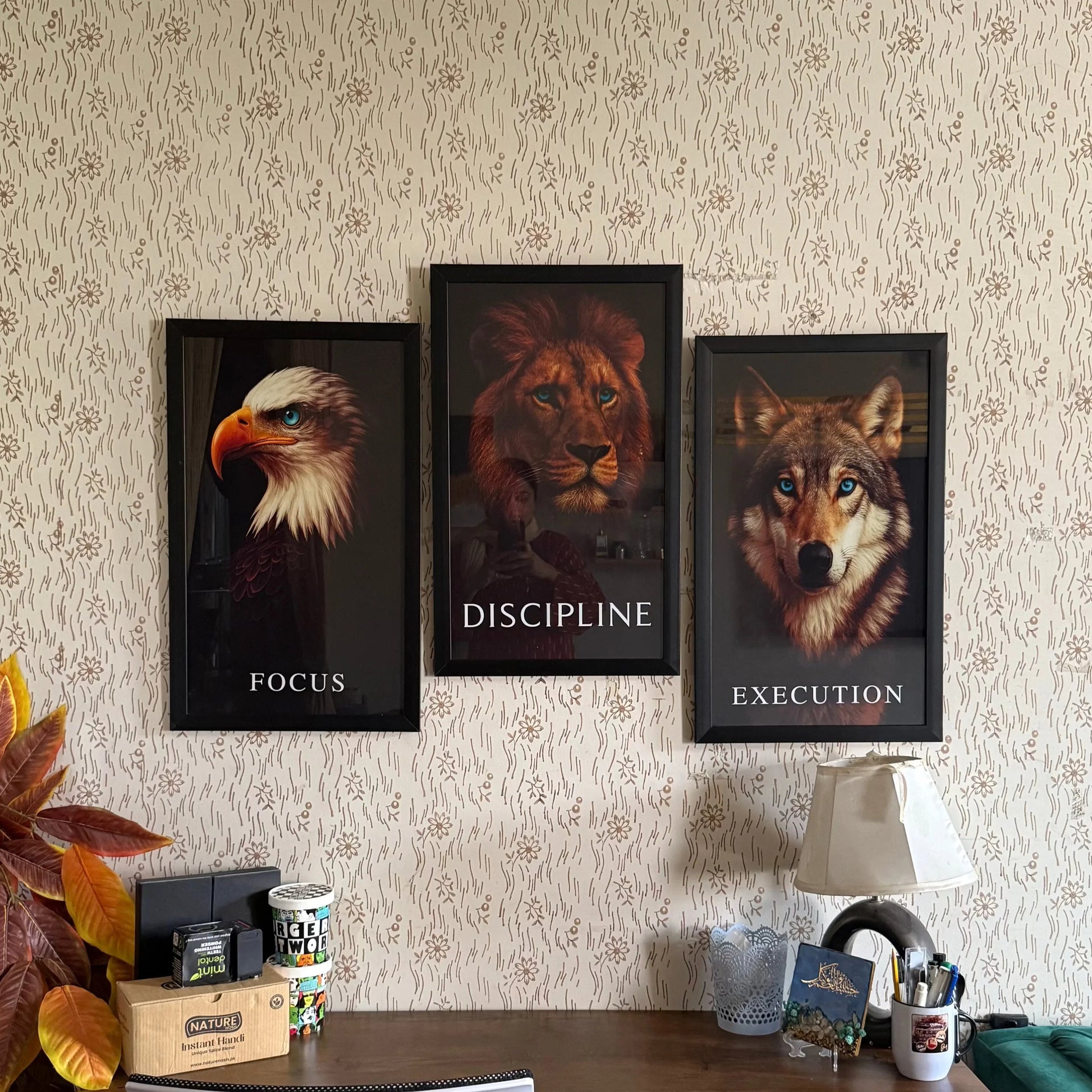 wooden frames with motivational animal quote posters for office wall decor