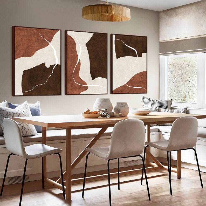 wooden wall art decor with abstract textured panel prints on floor